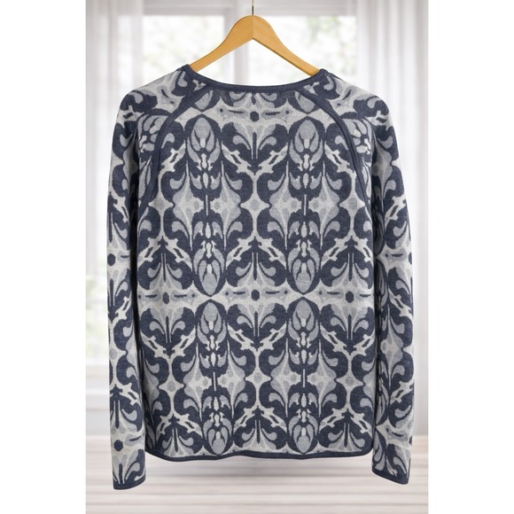 Title Nine Sweater 100% Merino Wool Extra Fine Damask Print Gray Cream Size L - Picture 3 of 10